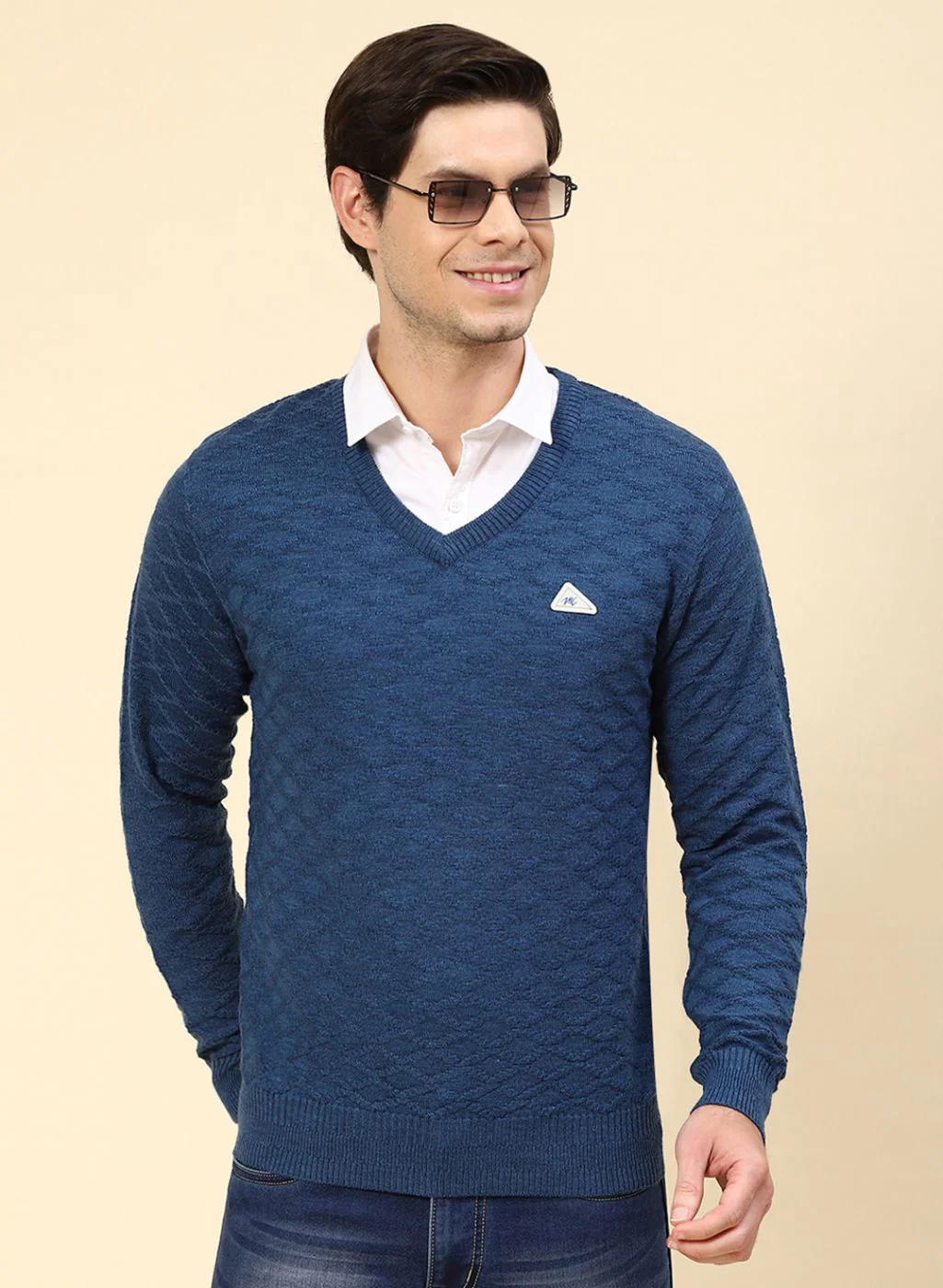 Men NAvy Blue Self Design Wool blend Pullover - Image 2