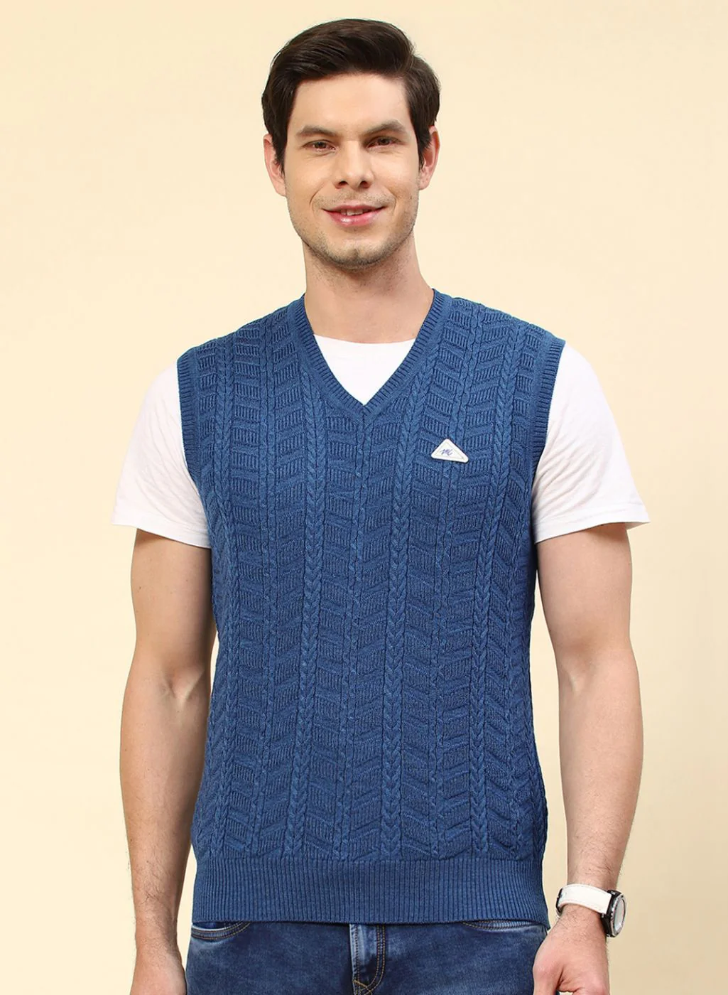 Men NAvy Blue Self Design Wool blend Sweater - Image 2