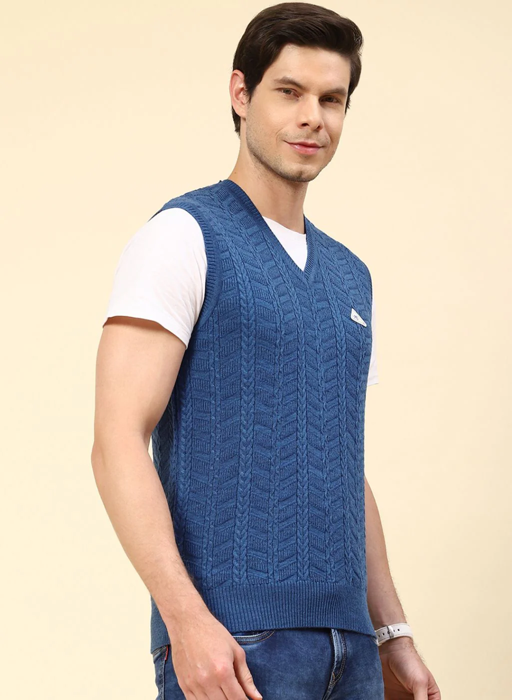 Men NAvy Blue Self Design Wool blend Sweater - Image 4