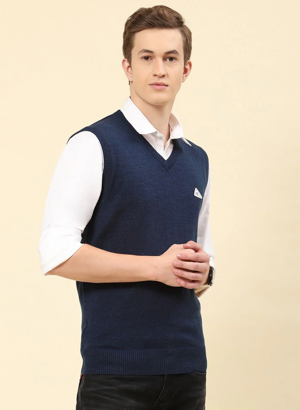 Men NAvy Blue Solid Blend wool Sweater - Image 4