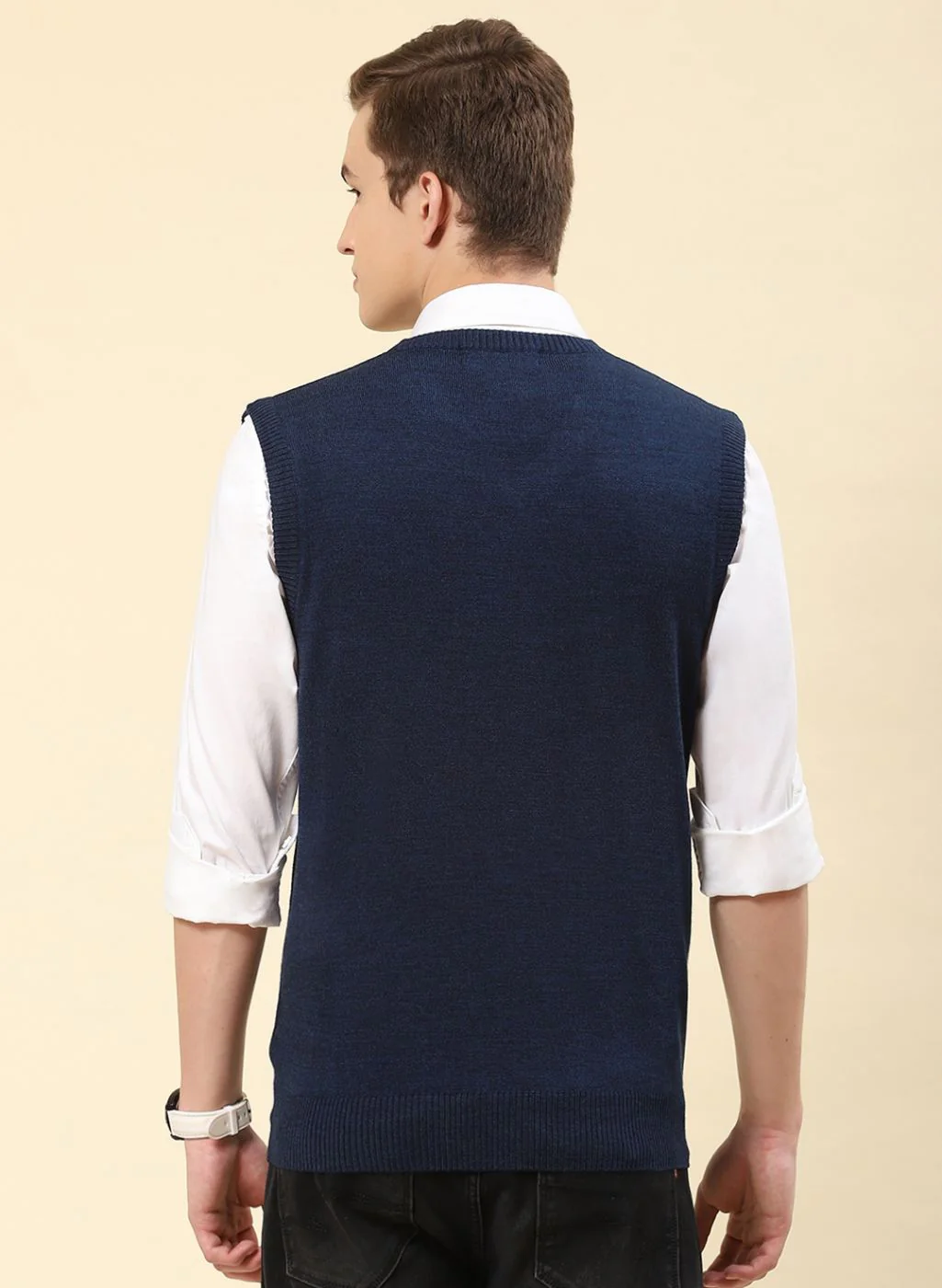 Men NAvy Blue Solid Blend wool Sweater - Image 5