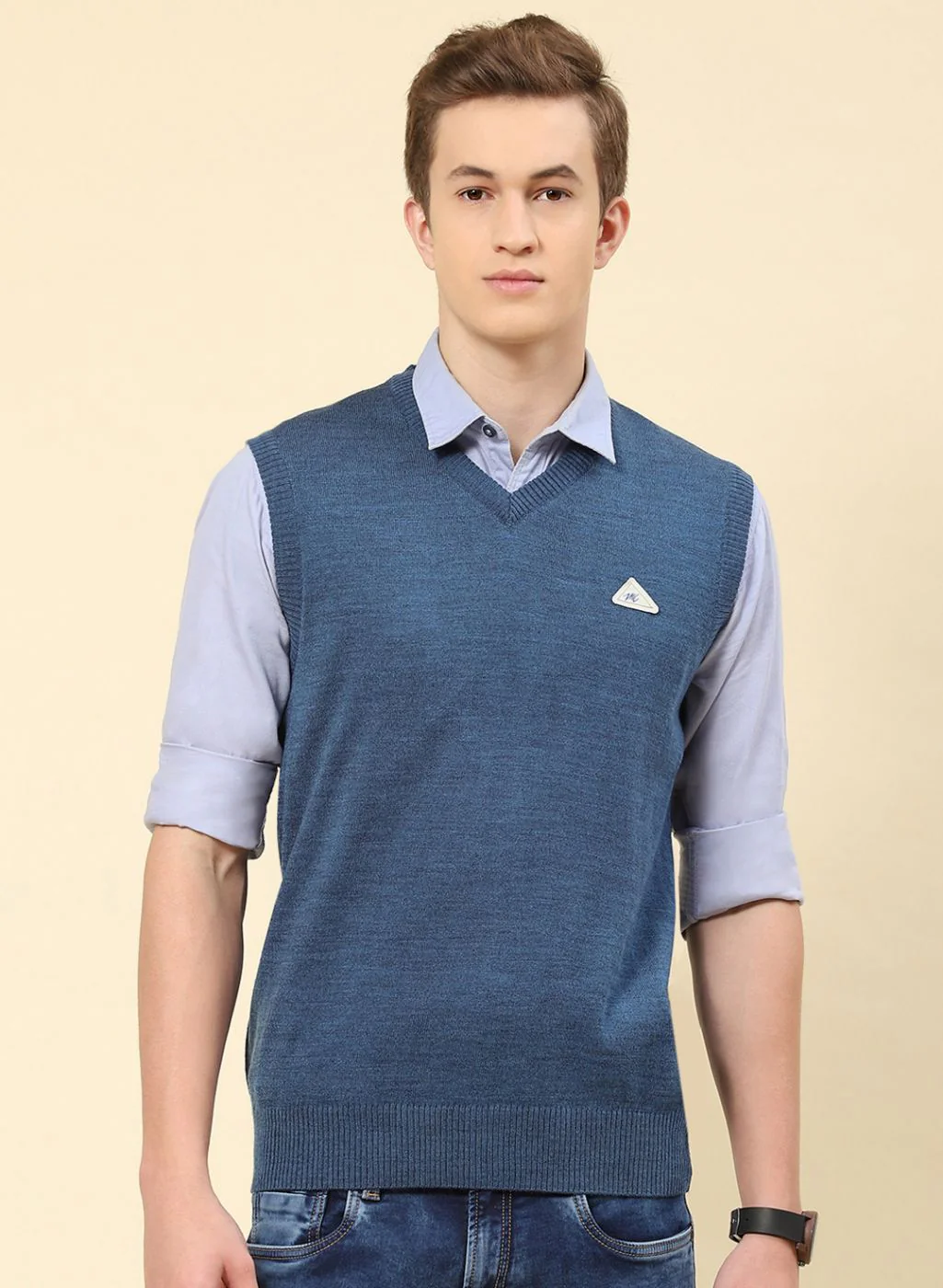 Men NAvy Blue Solid Blend wool Sweater - Image 2