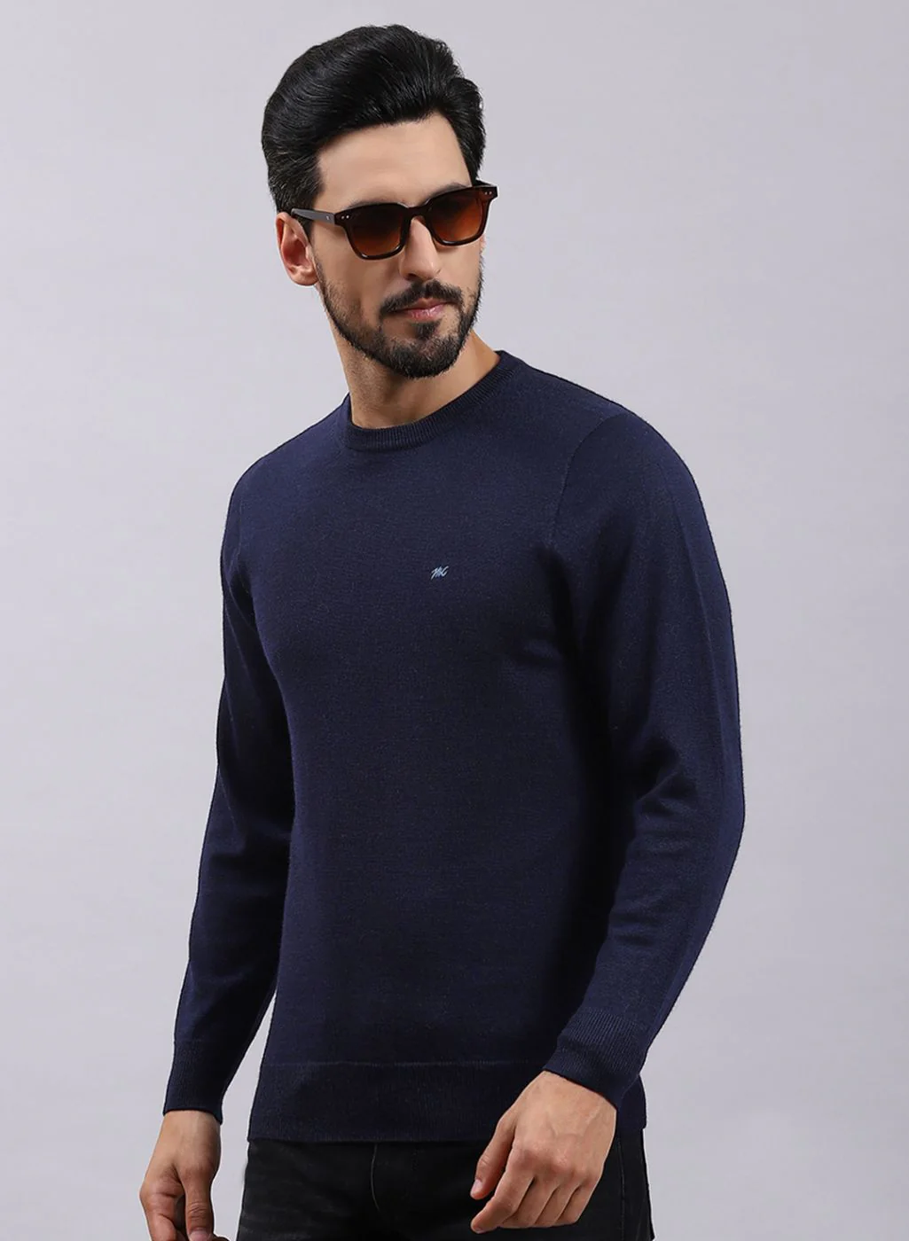 Men NAvy Blue Solid Pure wool Pullover - Image 3