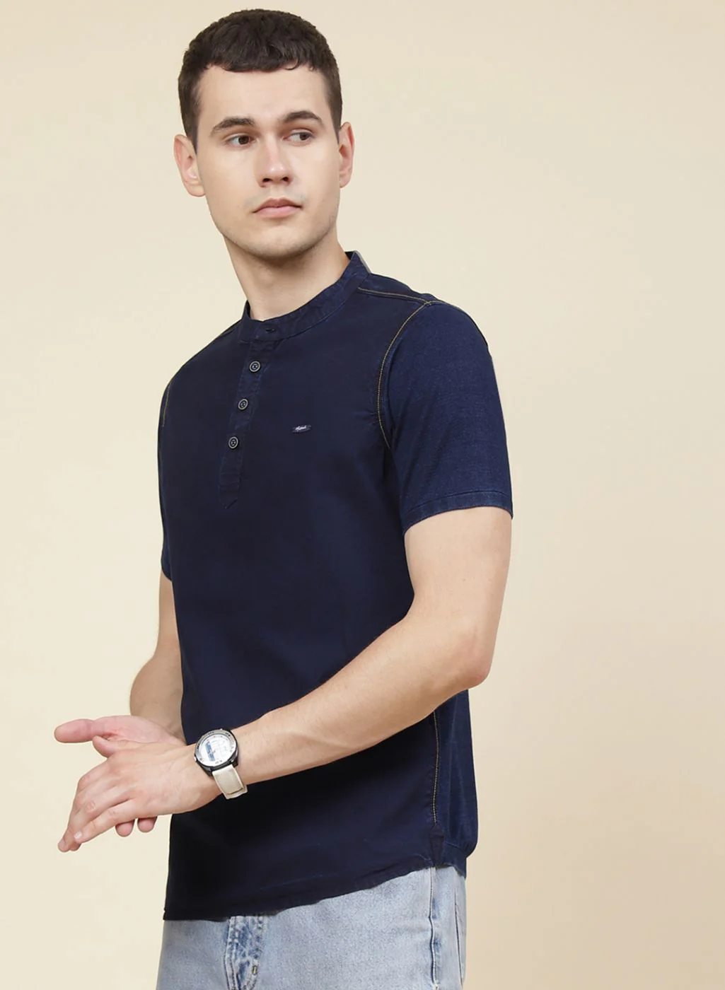 Men NAvy Blue Solid T-Shirt - Image 3