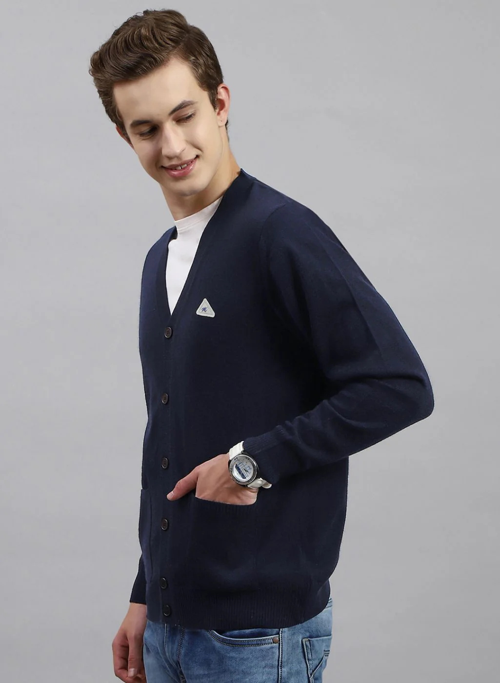 Men NAvy Blue Solid Wool blend Cardigan - Image 3