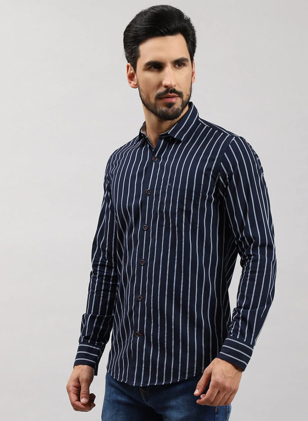 Men NAvy Blue Stripe Pure Cotton Shirt - Image 3