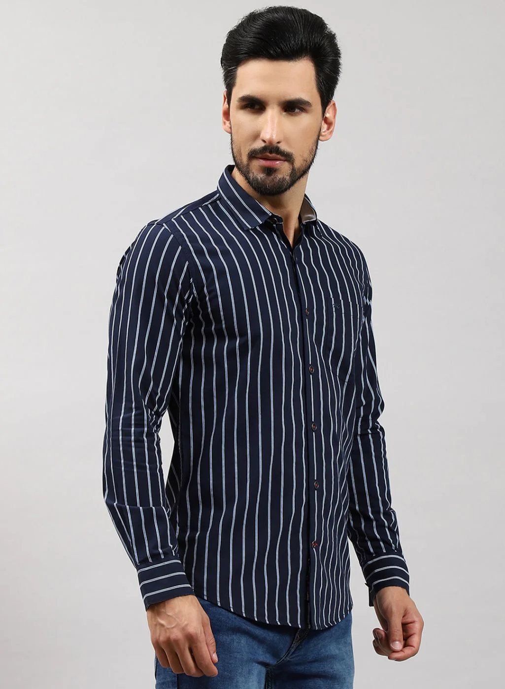 Men NAvy Blue Stripe Pure Cotton Shirt - Image 4