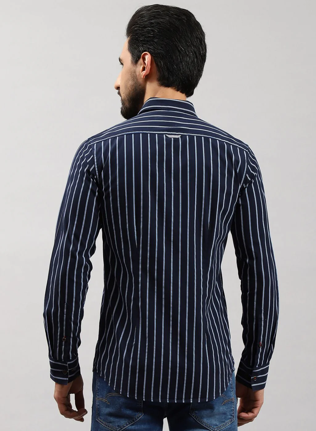 Men NAvy Blue Stripe Pure Cotton Shirt - Image 5