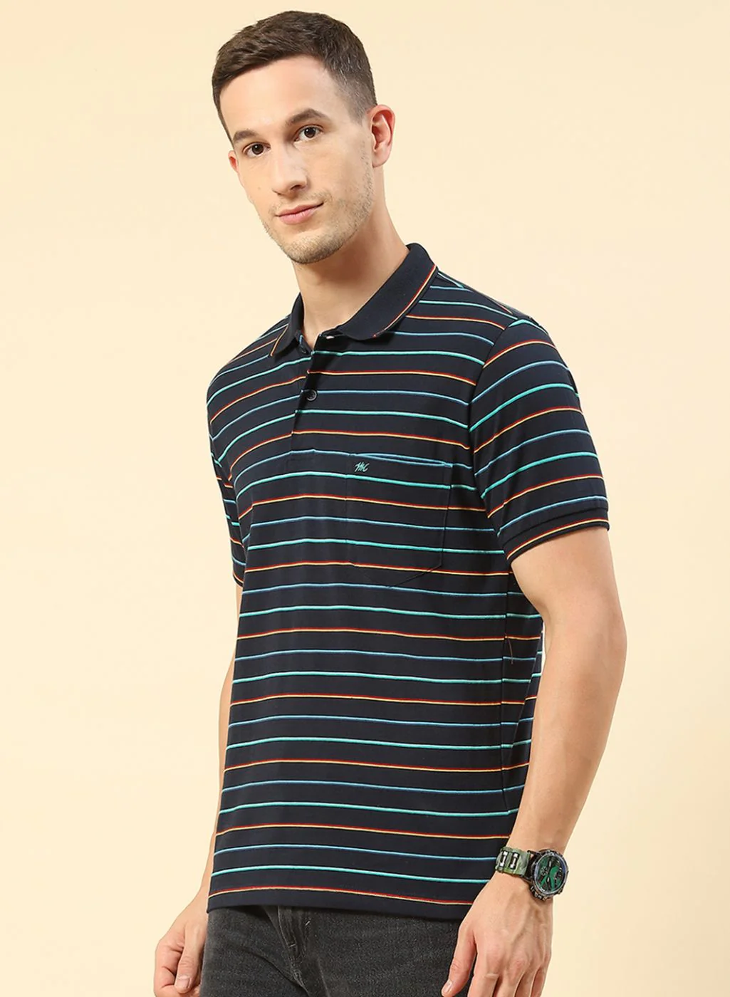 Men NAvy Blue Stripe T-Shirt - Image 2