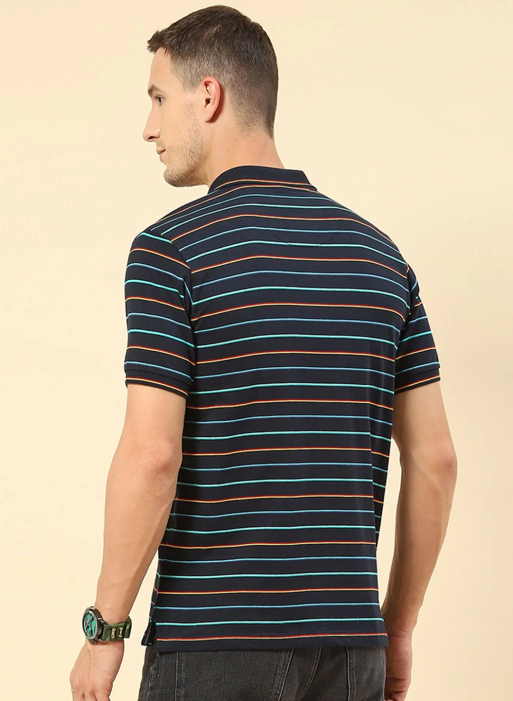 Men NAvy Blue Stripe T-Shirt - Image 4