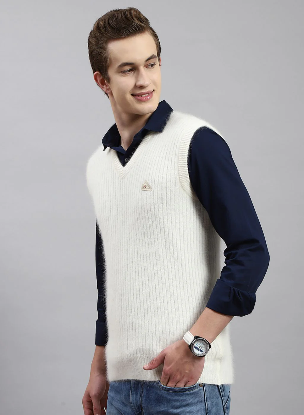 Men Off White Solid Angoora Sweater - Image 3