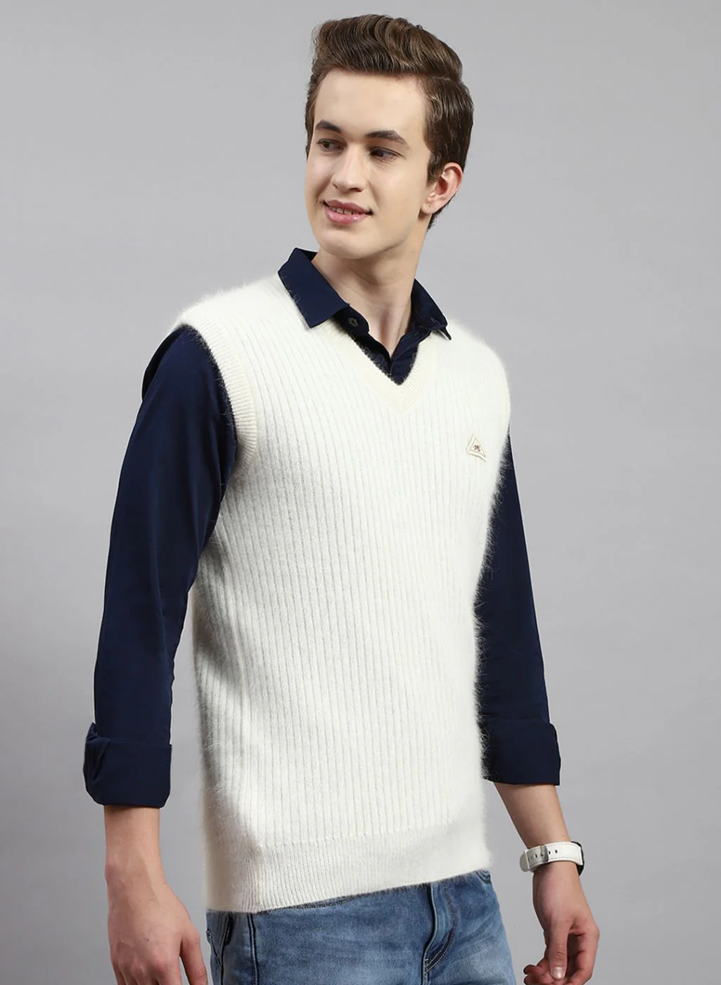 Men Off White Solid Angoora Sweater - Image 4