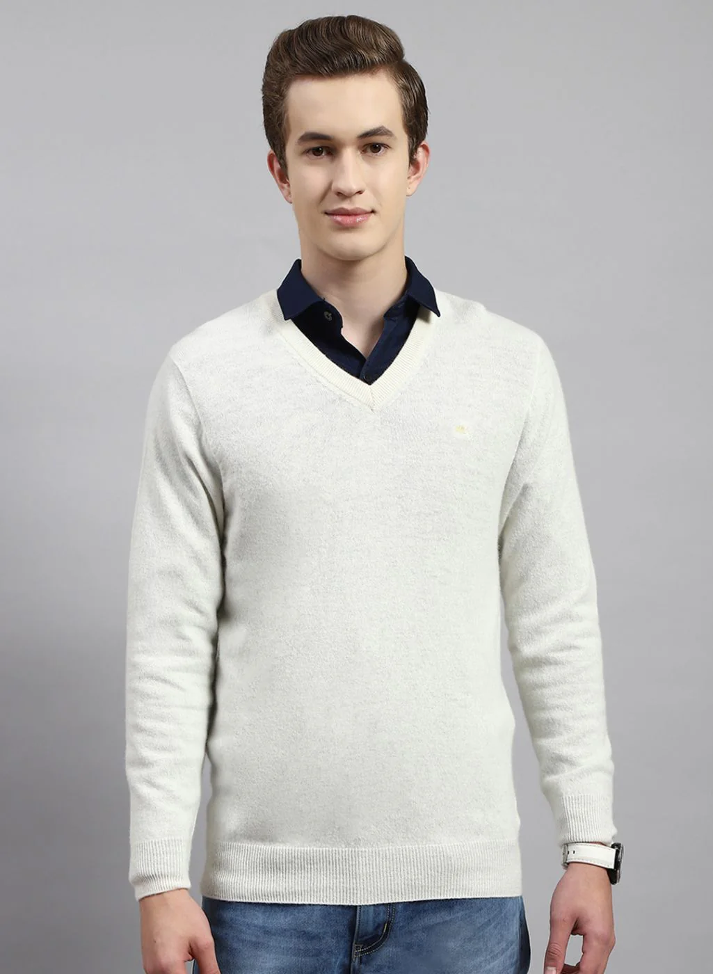 Men Off White Solid Lamb wool Pullover - Image 2