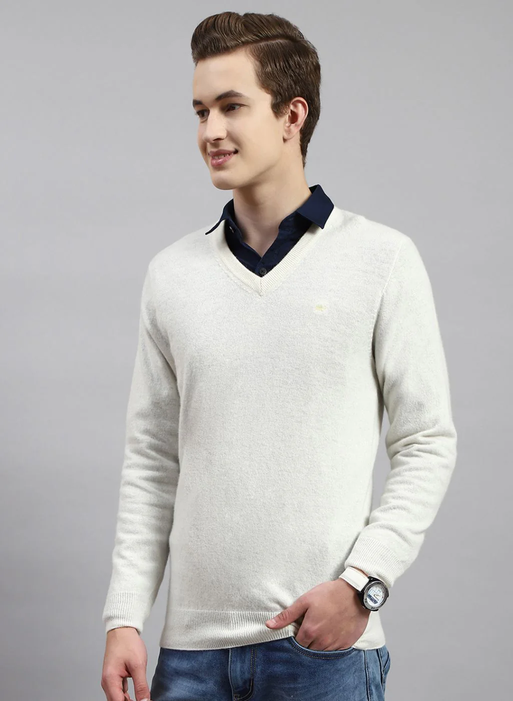Men Off White Solid Lamb wool Pullover - Image 3