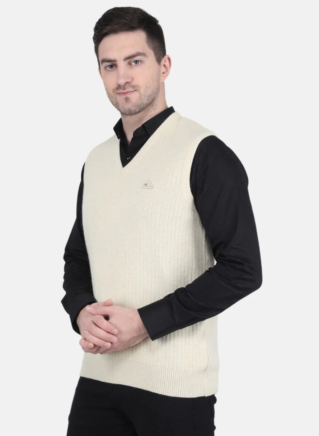 Men Off White Solid Sweater - Image 2