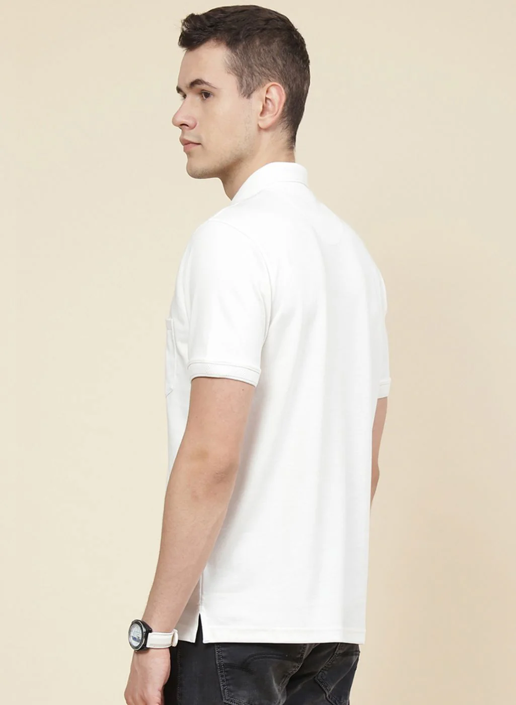 Men Off White Solid T-Shirt - Image 5