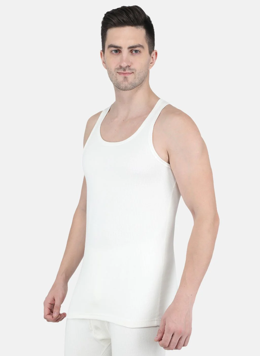 Men Off White Solid Thermal Vest - Image 2