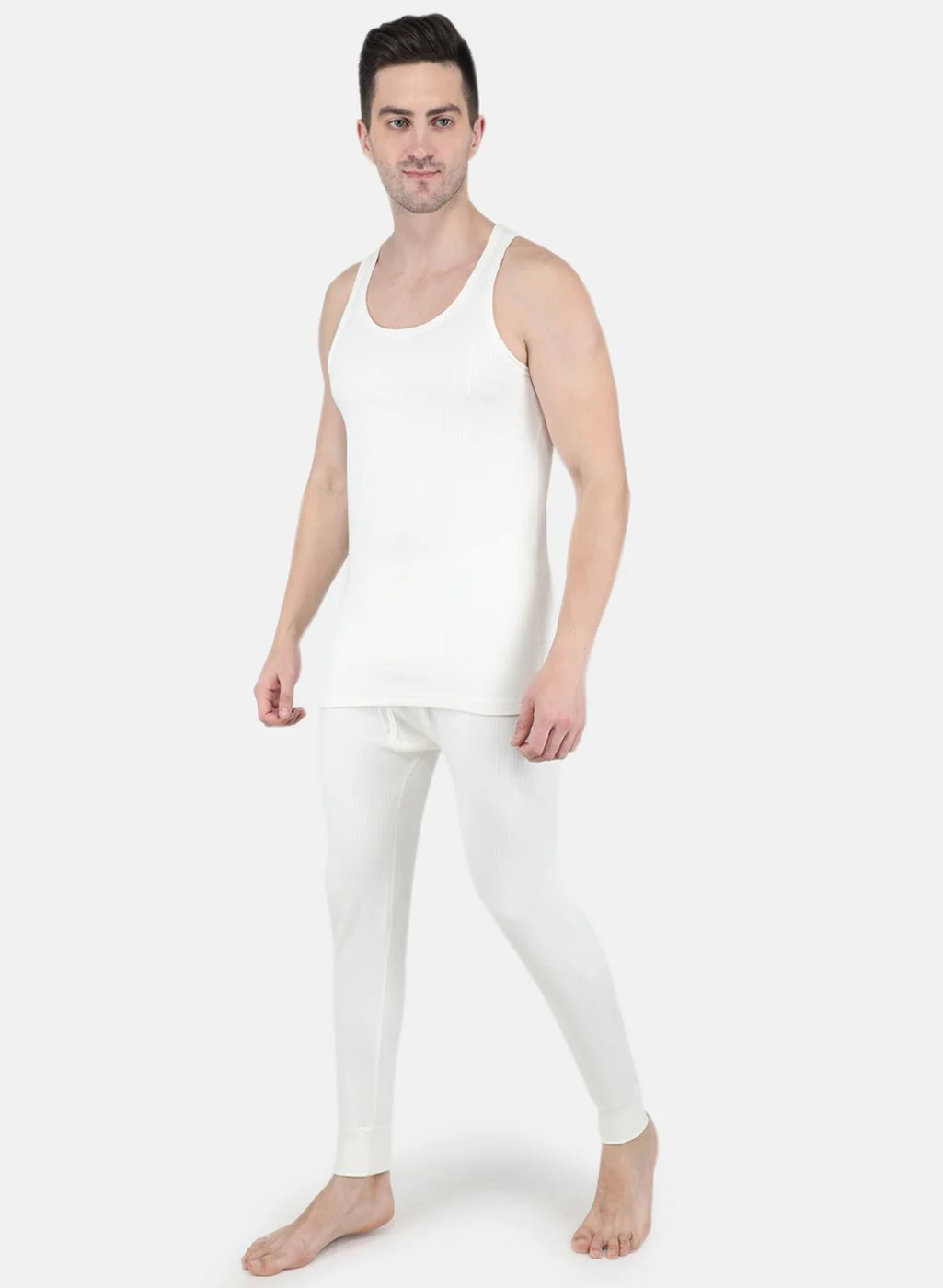Men Off White Solid Thermal Vest - Image 4