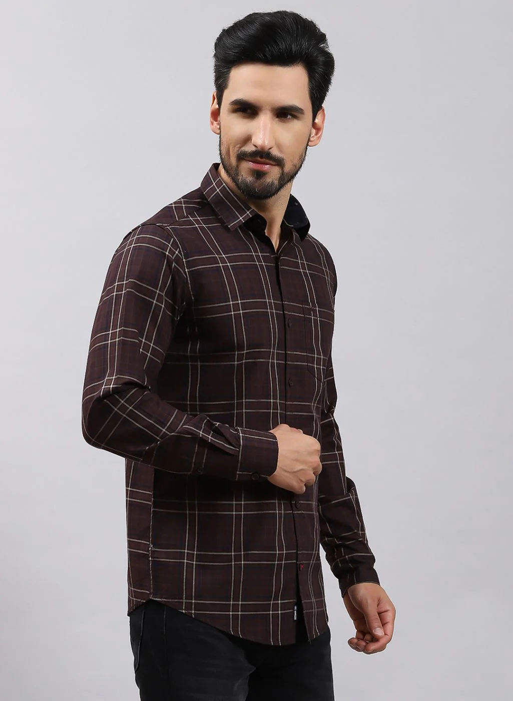 Men Olive Check Pure Cotton Shirt - Image 4