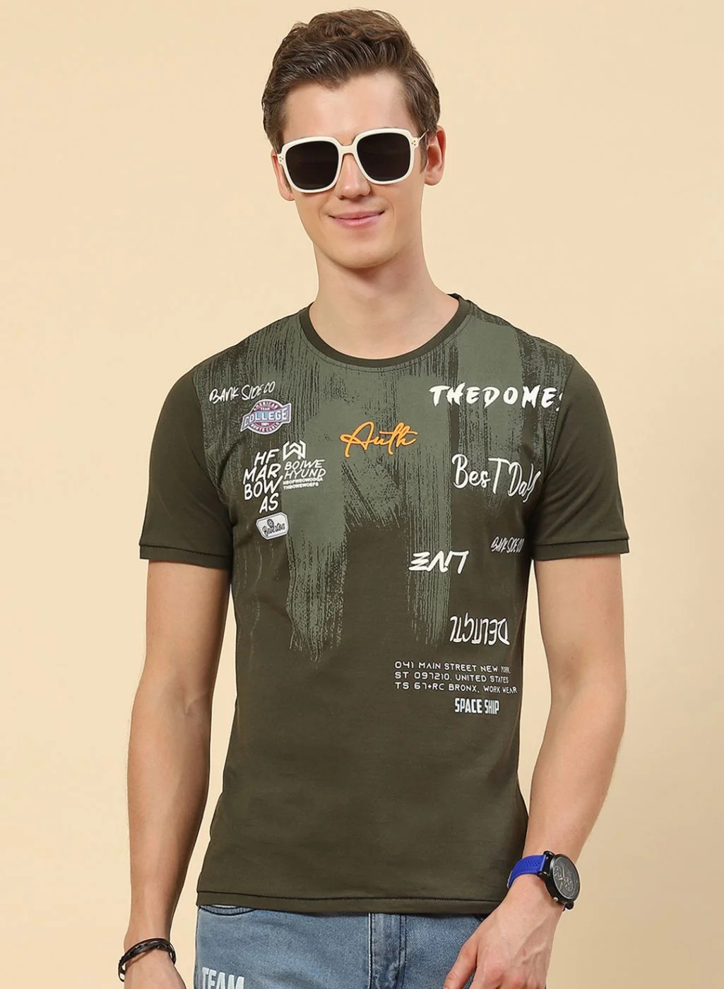Men Olive Printed T-Shirt - Image 2