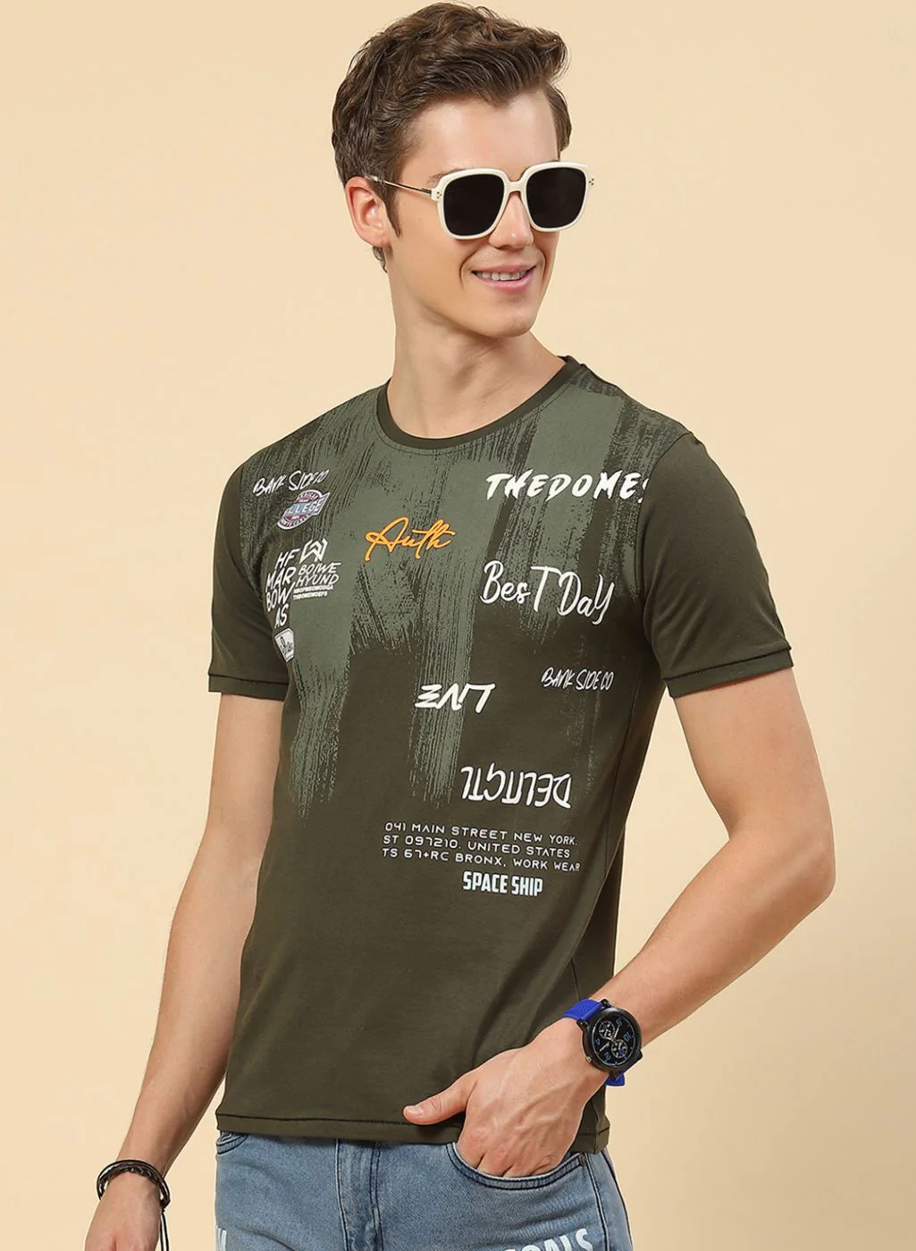 Men Olive Printed T-Shirt - Image 3