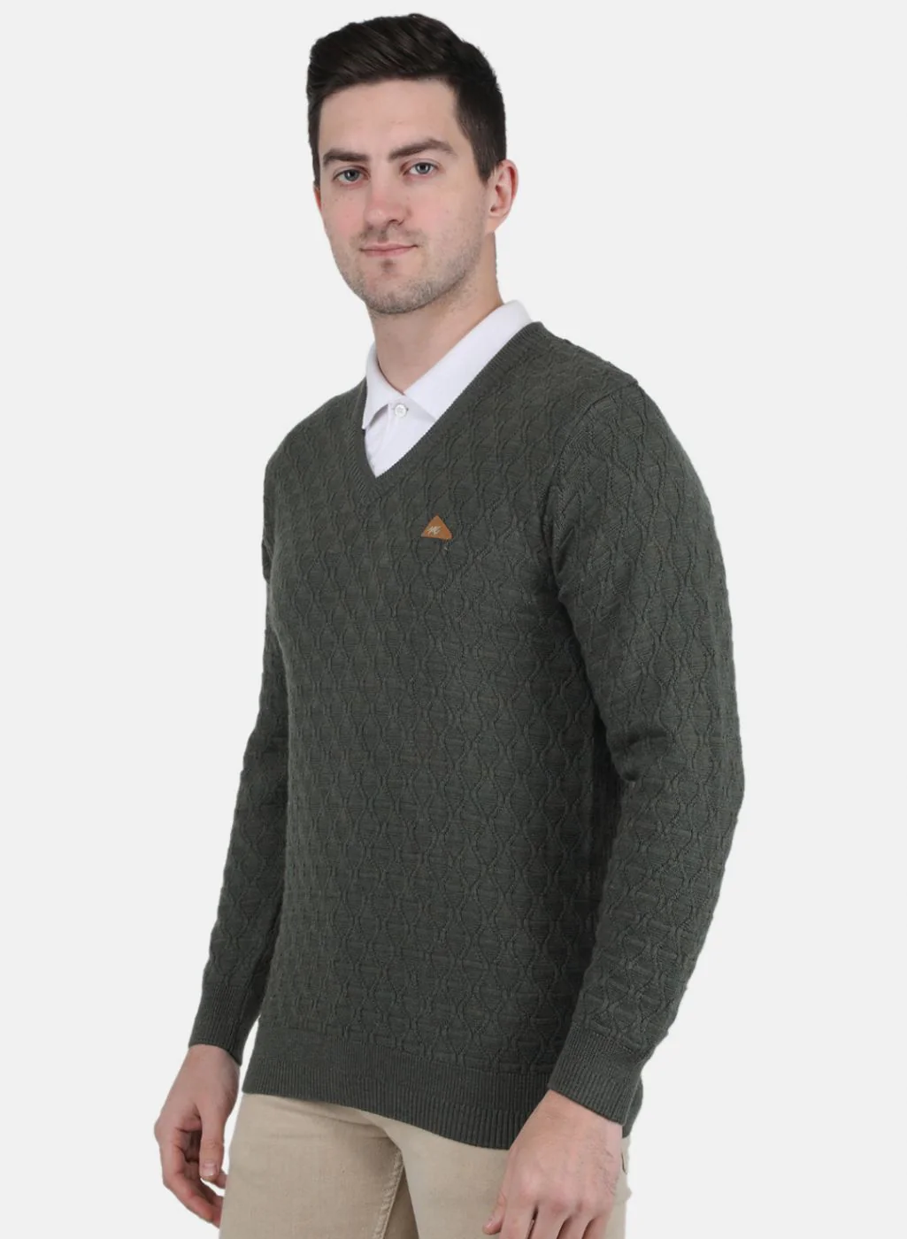 Men Olive Self Design Pullover - Image 2