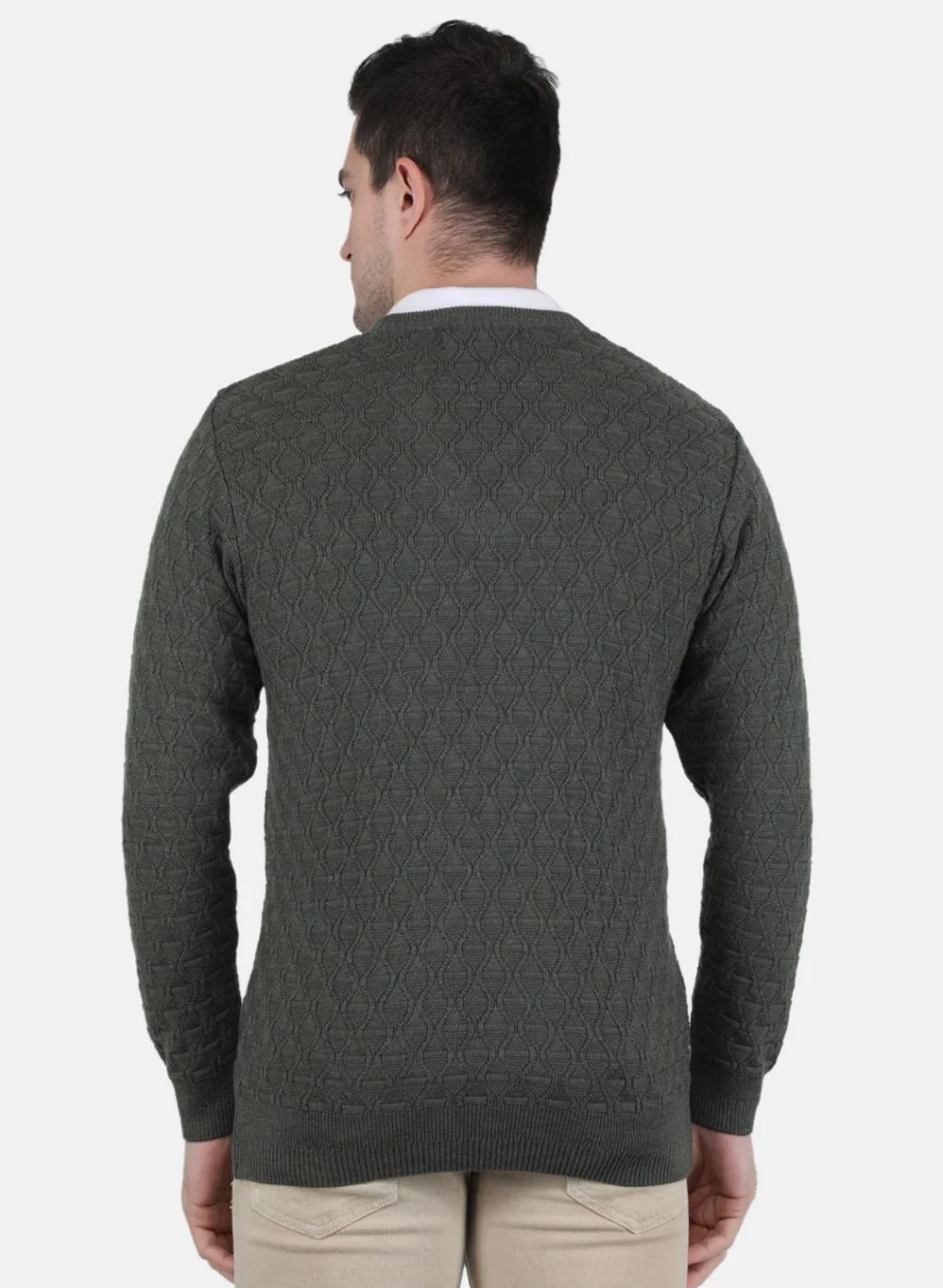 Men Olive Self Design Pullover - Image 3