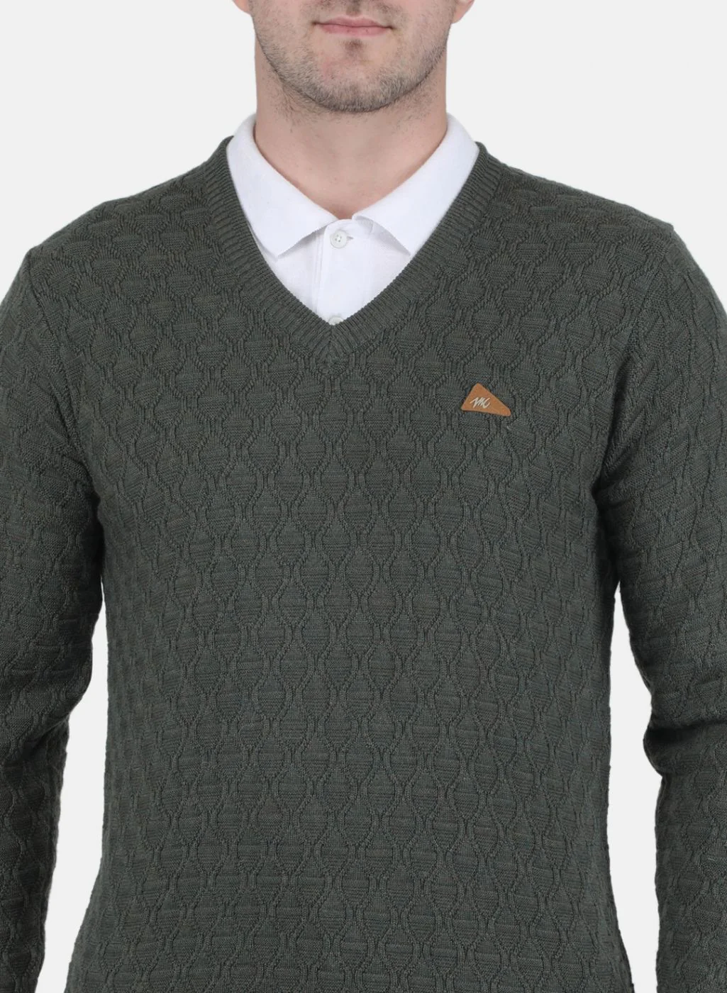 Men Olive Self Design Pullover - Image 5