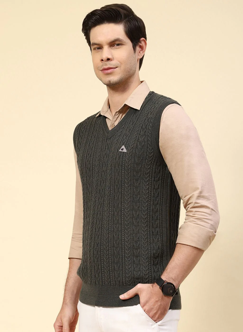 Men Olive Self Design Pure wool Sweater - Image 3