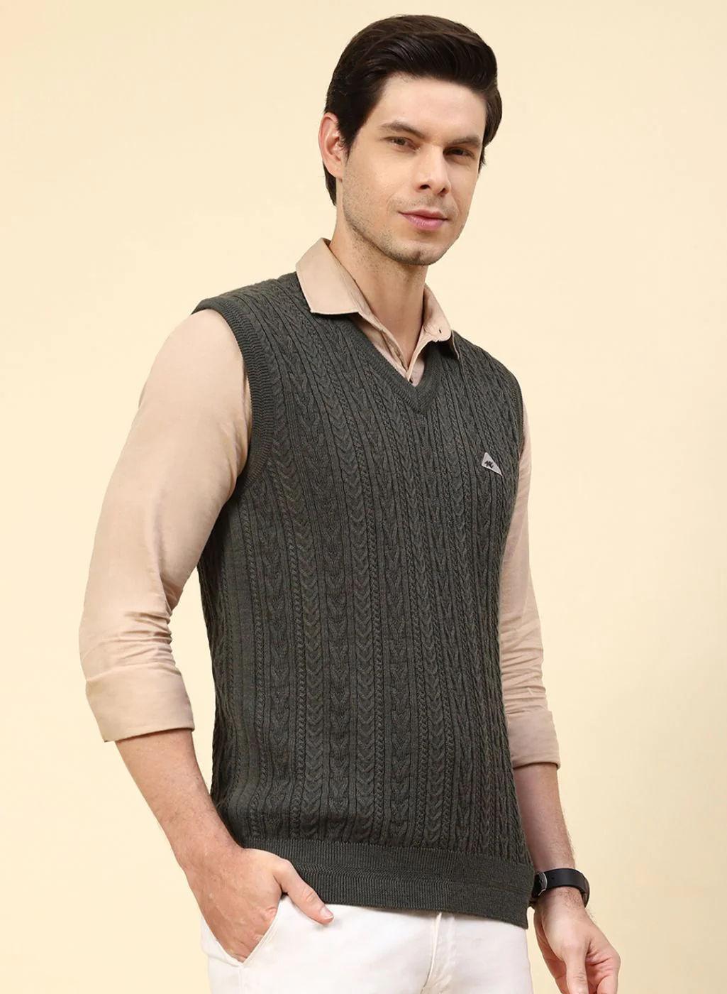 Men Olive Self Design Pure wool Sweater - Image 4