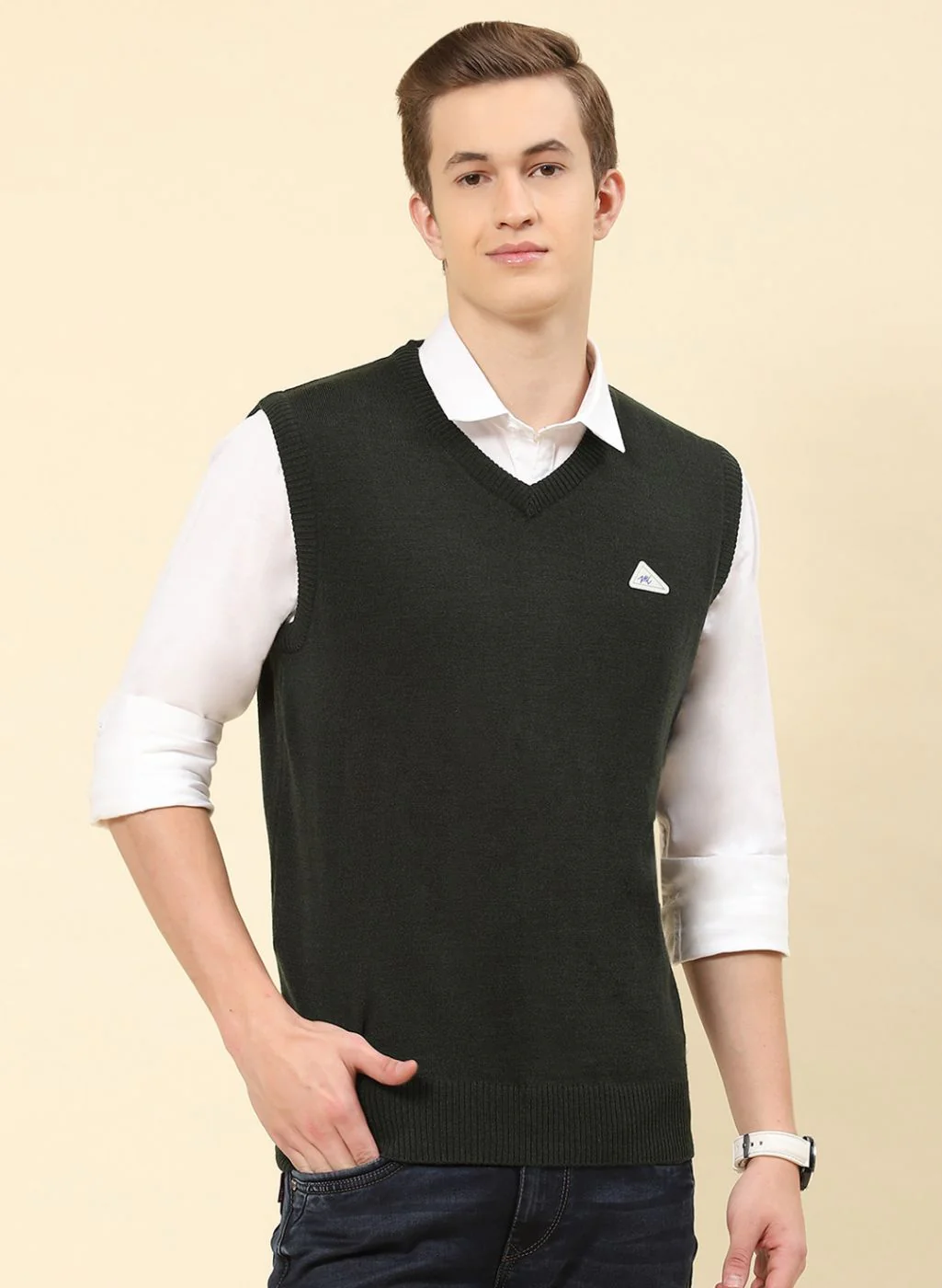 Men Olive Solid Blend wool Sweater - Image 2