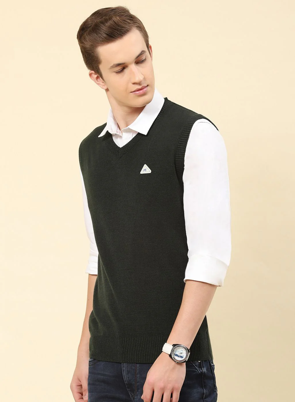 Men Olive Solid Blend wool Sweater - Image 3