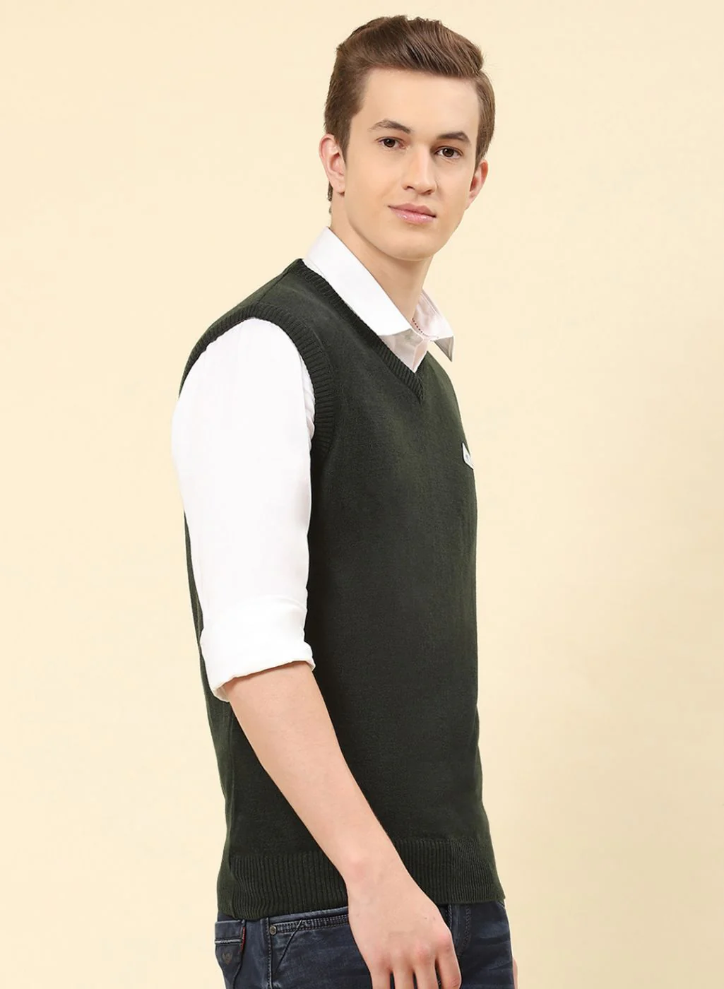 Men Olive Solid Blend wool Sweater - Image 4