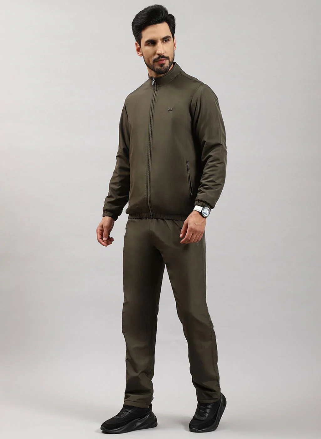 Men Olive Solid Cotton Blend Tracksuit - Image 3