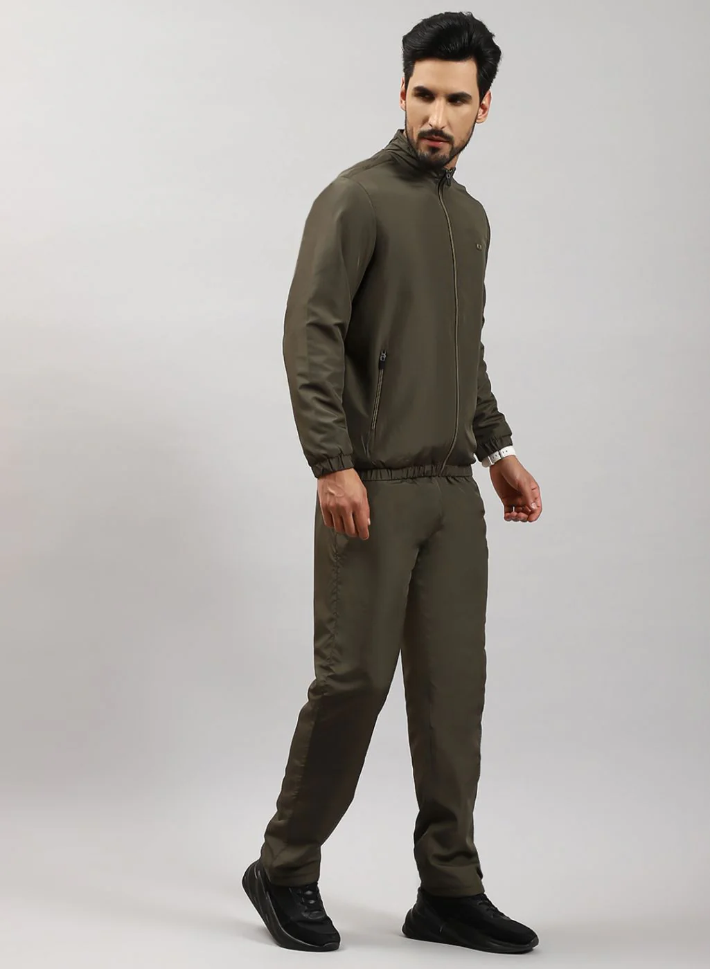 Men Olive Solid Cotton Blend Tracksuit - Image 4