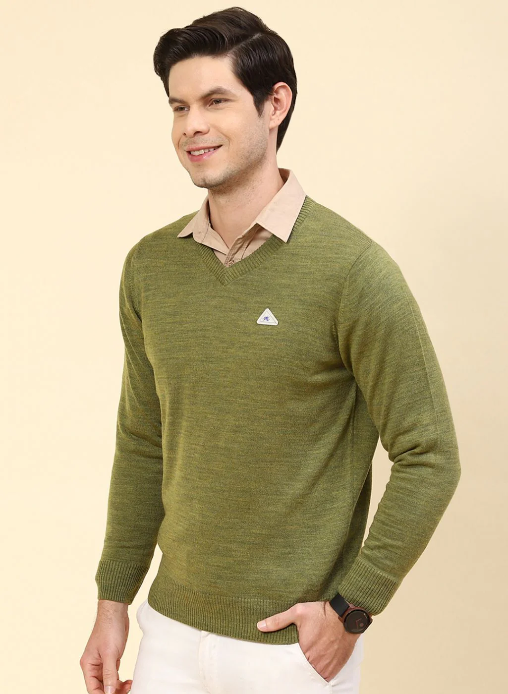 Men Olive Solid Wool blend Pullover - Image 3