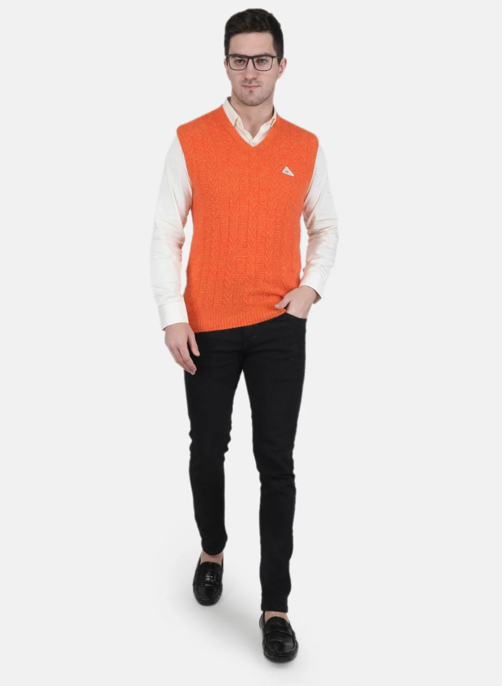 Men Orange Self Design Sweater - Image 4