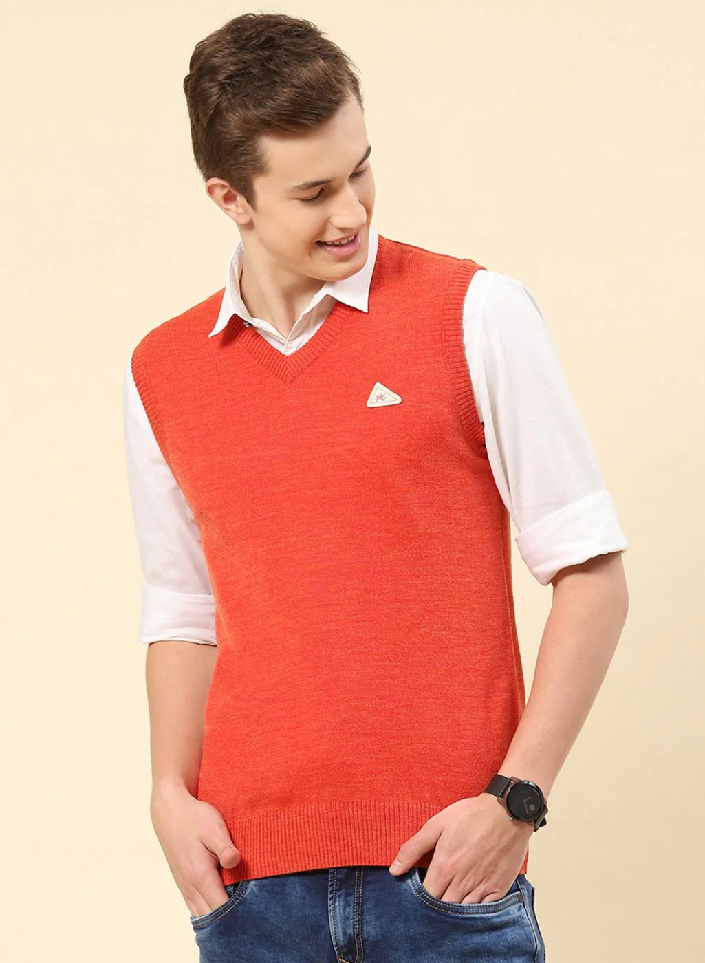 Men Orange Solid Blend wool Sweater - Image 2