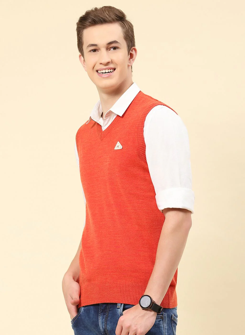 Men Orange Solid Blend wool Sweater - Image 3