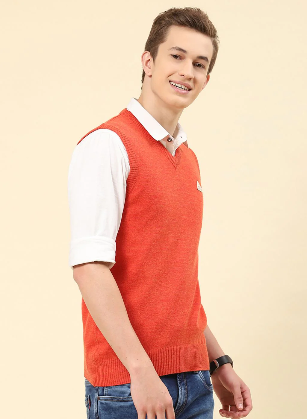Men Orange Solid Blend wool Sweater - Image 4