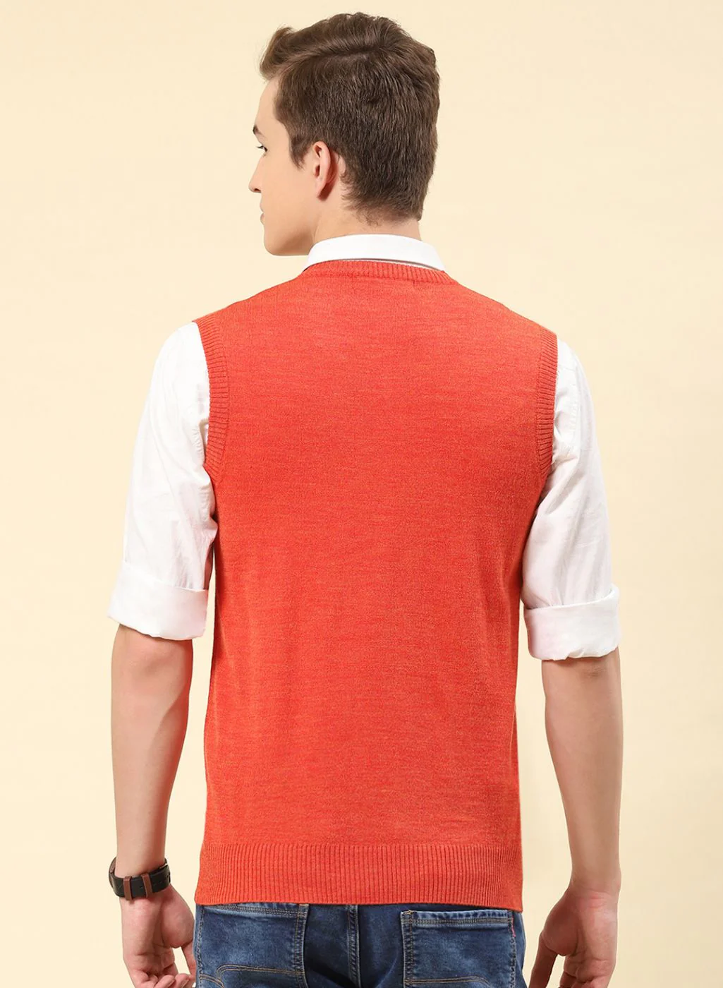 Men Orange Solid Blend wool Sweater - Image 5