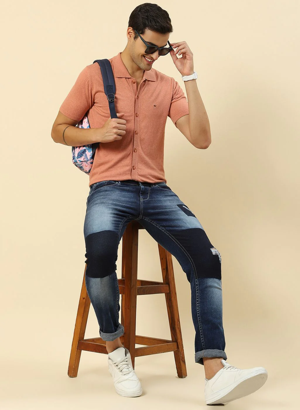 Men Peach Plain T-Shirt - Image 2