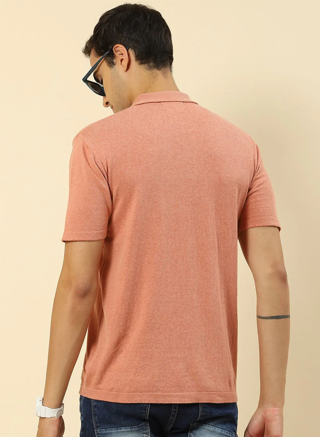 Men Peach Plain T-Shirt - Image 5