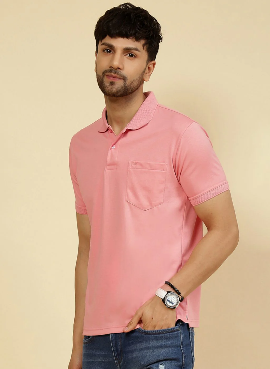 Men Pink Solid T-Shirt - Image 3