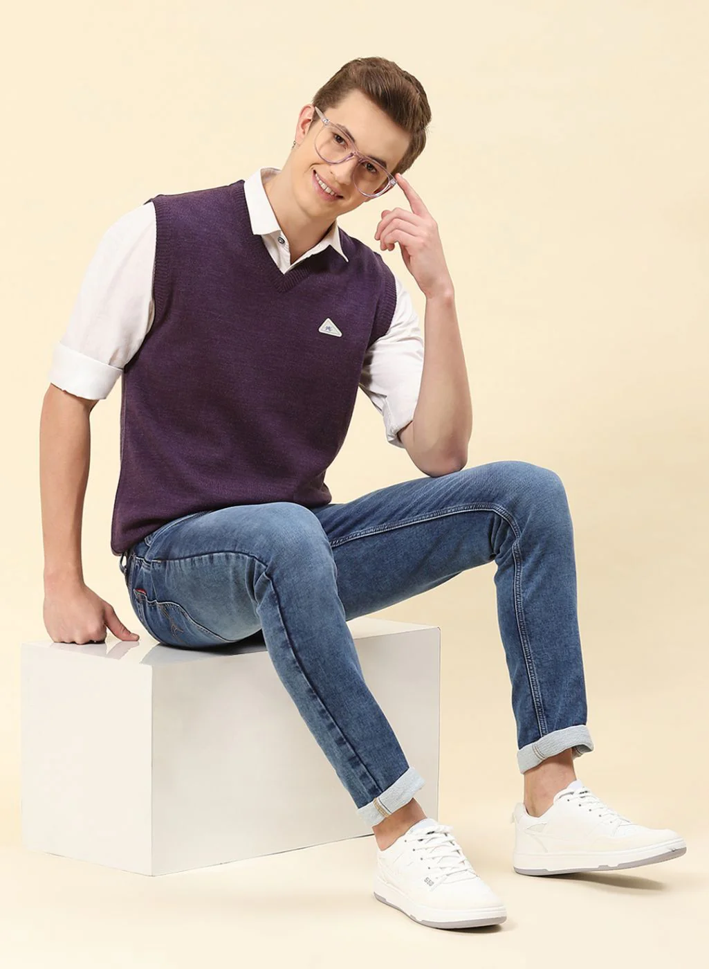 Men Purple Solid Blend wool Sweater