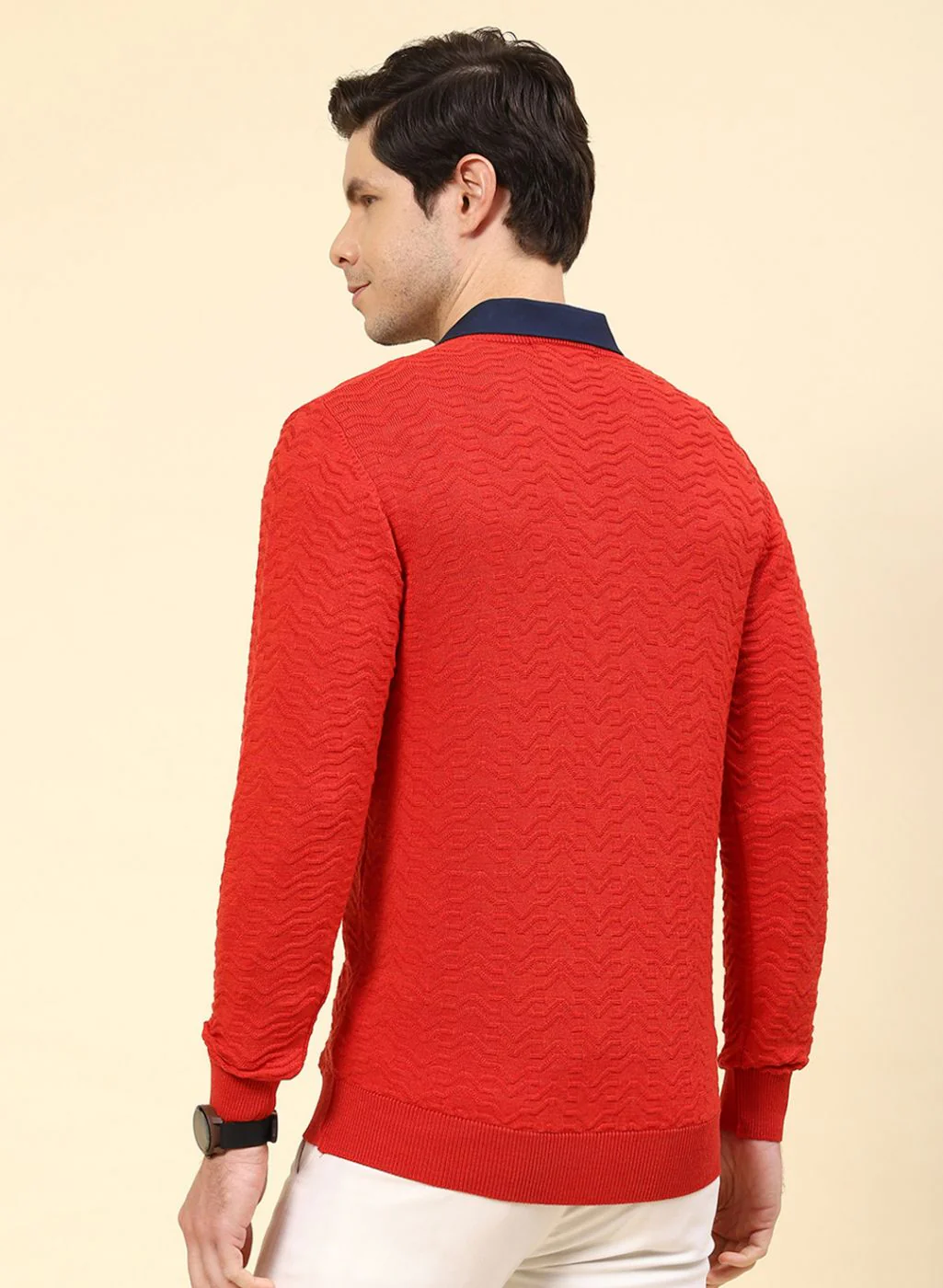 Men Red Self Design Pure wool Pullover - Image 5