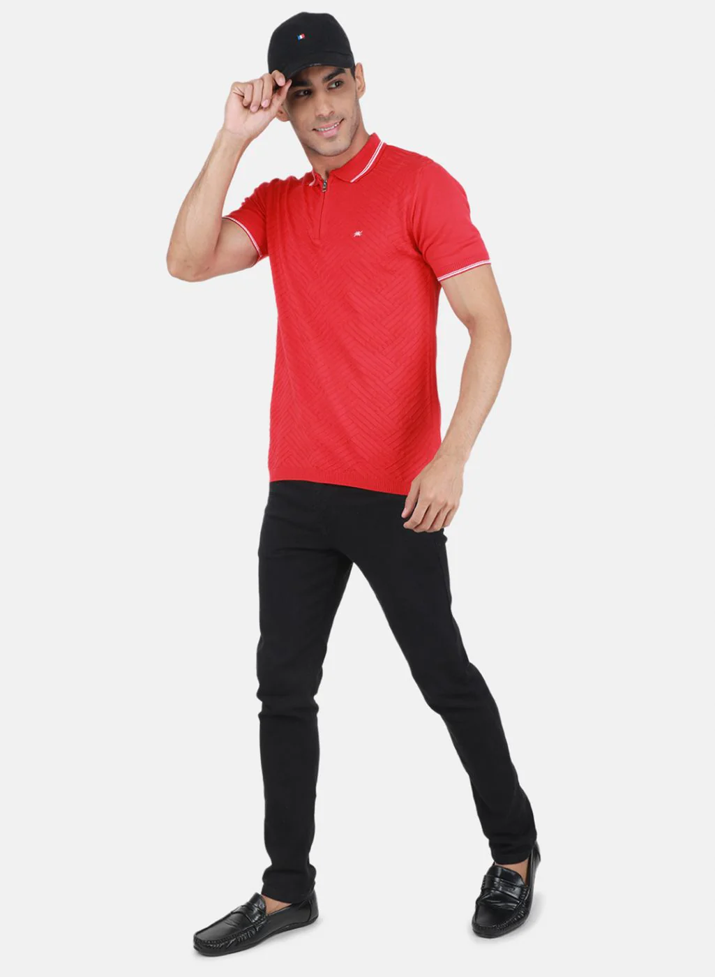 Men Red Self Design T-Shirt - Image 4
