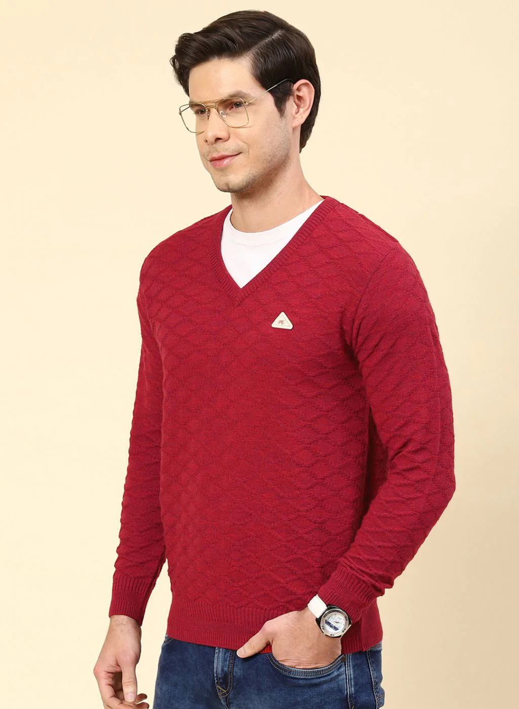 Men Red Self Design Wool blend Pullover - Image 3