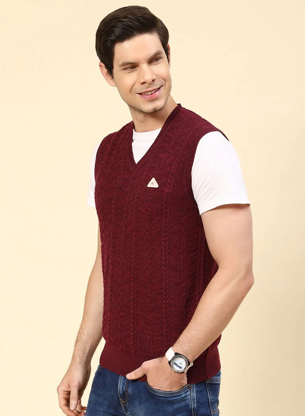 Men Red Self Design Wool blend Sweater - Image 3