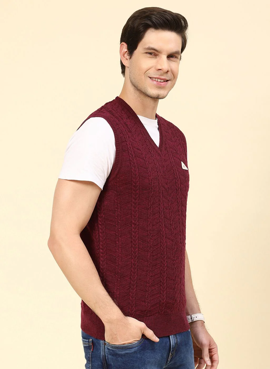 Men Red Self Design Wool blend Sweater - Image 4